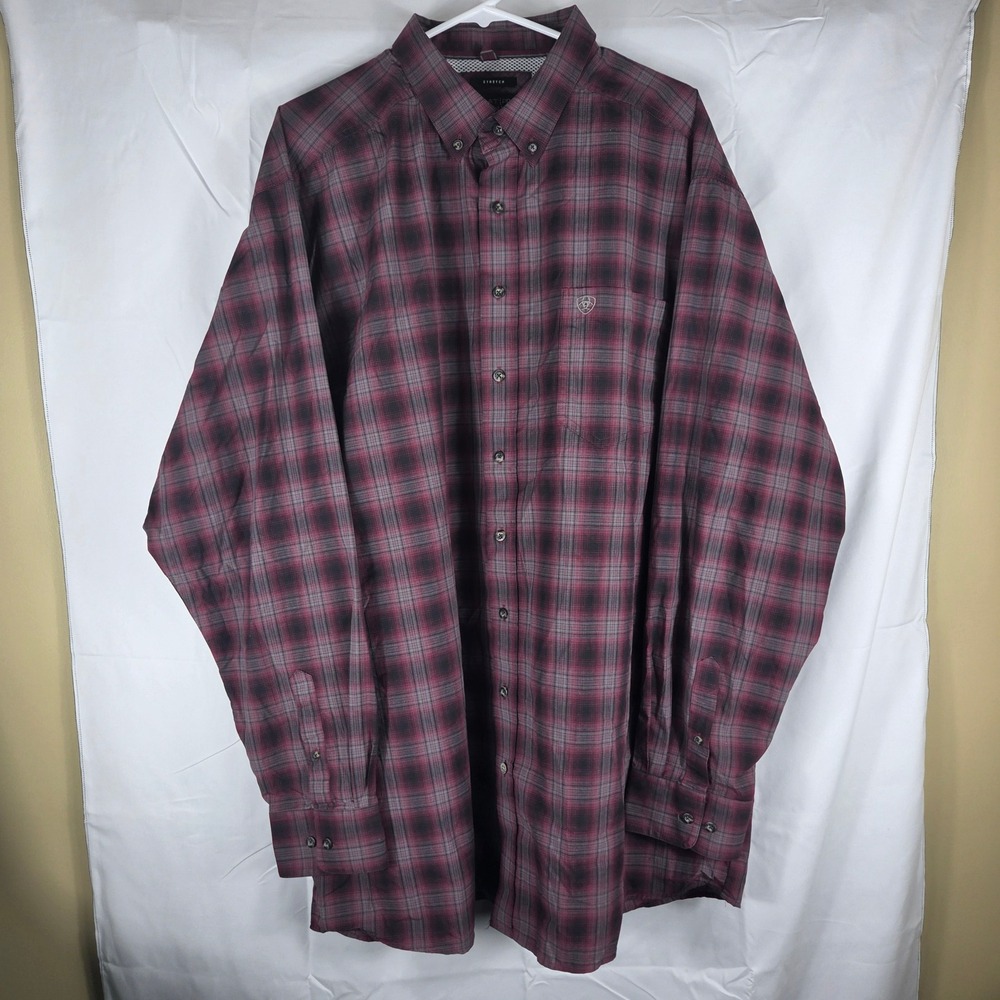 Ariat Pro Series Mens XXL Tall Burgundy Black Plaid Stretch Button Down Shirt - Picture 2 of 10